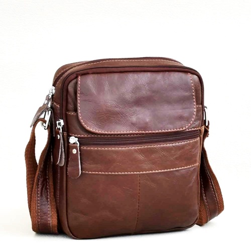 Мъжка чанта от естествена кожа височина 24 см, с много джобчета, кафява