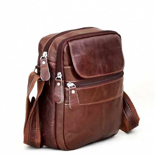 Мъжка чанта от естествена кожа височина 24 см, с много джобчета, кафява