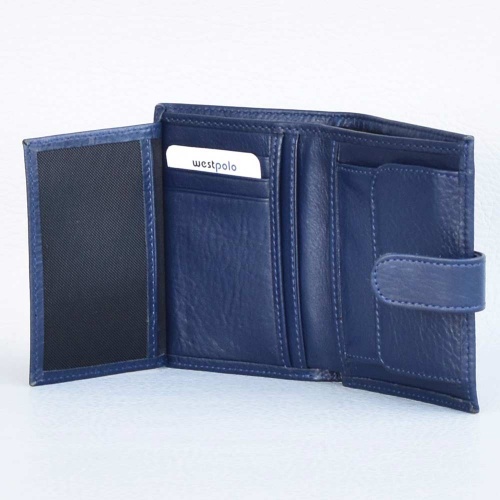 Мъжки портфейл от естествена кожа, вертикален, с допълнителна страница за документи, тъмно син