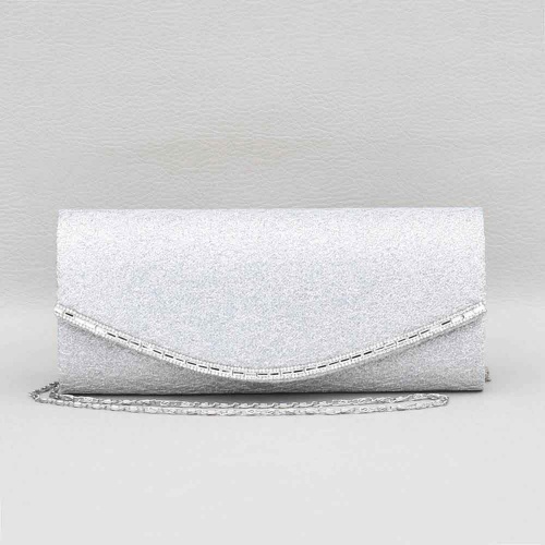 Официална дамска чанта клъч от плат с ламе, заоблен капак с камъни, сребриста