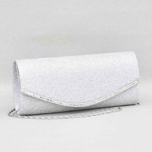 Официална дамска чанта клъч от плат с ламе, заоблен капак с камъни, сребриста