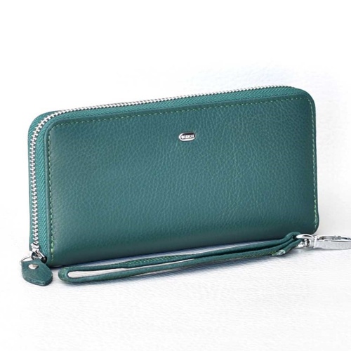 Дамско портмоне от естествена кожа с цип и дръжка за в ръка, зелено