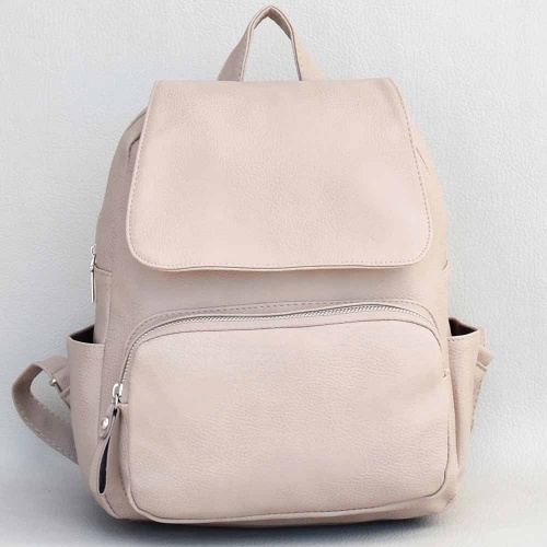 Дамска раница от еко кожа с капак и много външни джобчета, бежова