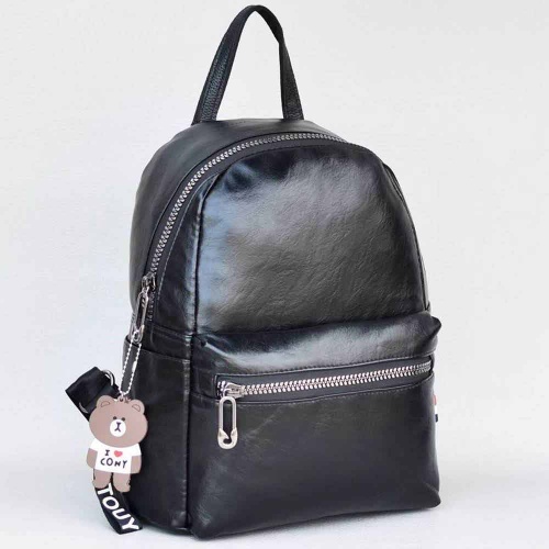 Дамска раница от мека еко кожа с високо качество, ефектна висулса с мече, черна