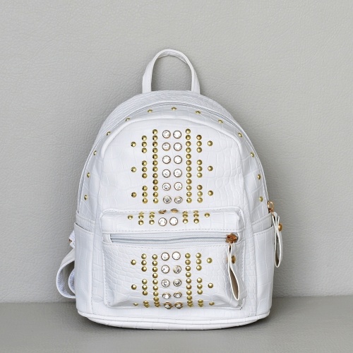 Дамска раница с капси и камъни, кроко ефект, бяла