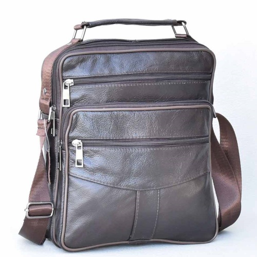 Мъжка чанта от естествена кожа, голяма, височина 27 см, тъмно кафява