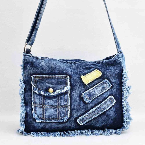 Дънкова дамска чанта, евтина, с дълга дръжка за носене през рамо