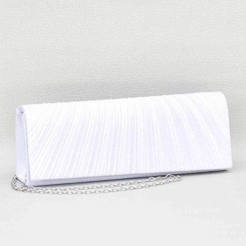 Официална дамска чанта тип клъч от сатенен плат, бяла