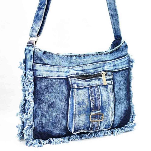 Дънкова дамска чанта с преден джоб с цип, евтина, с дълга дръжка за носене през рамо