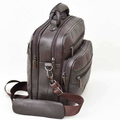 Мъжка чанта от естествена телешка  кожа с много джобчета, височина 27 см, тъмно кафява