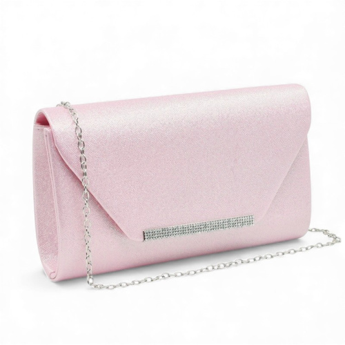Клъч официална дамска чанта капак с лайсна с блестящи камъчета стилен модел розова